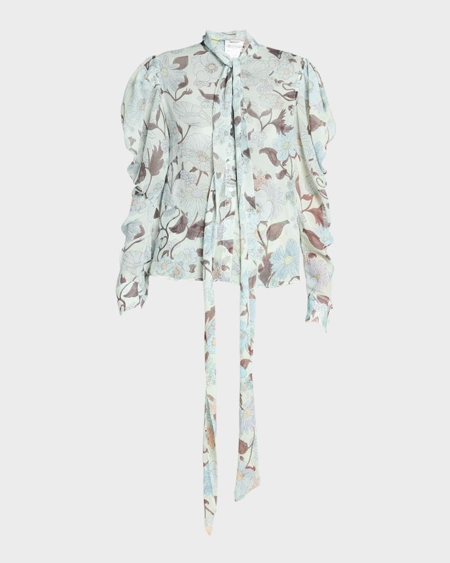 Garden-Print Puff-Sleeve Chiffon Shirt